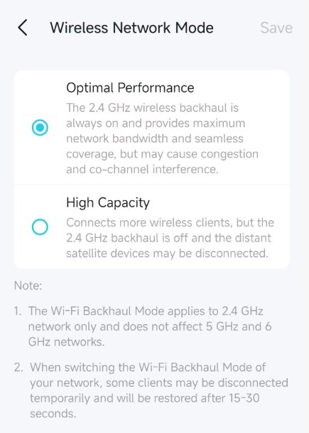 The Wireless Network Mode page with two options: Optimal Performance, and High Capacity.